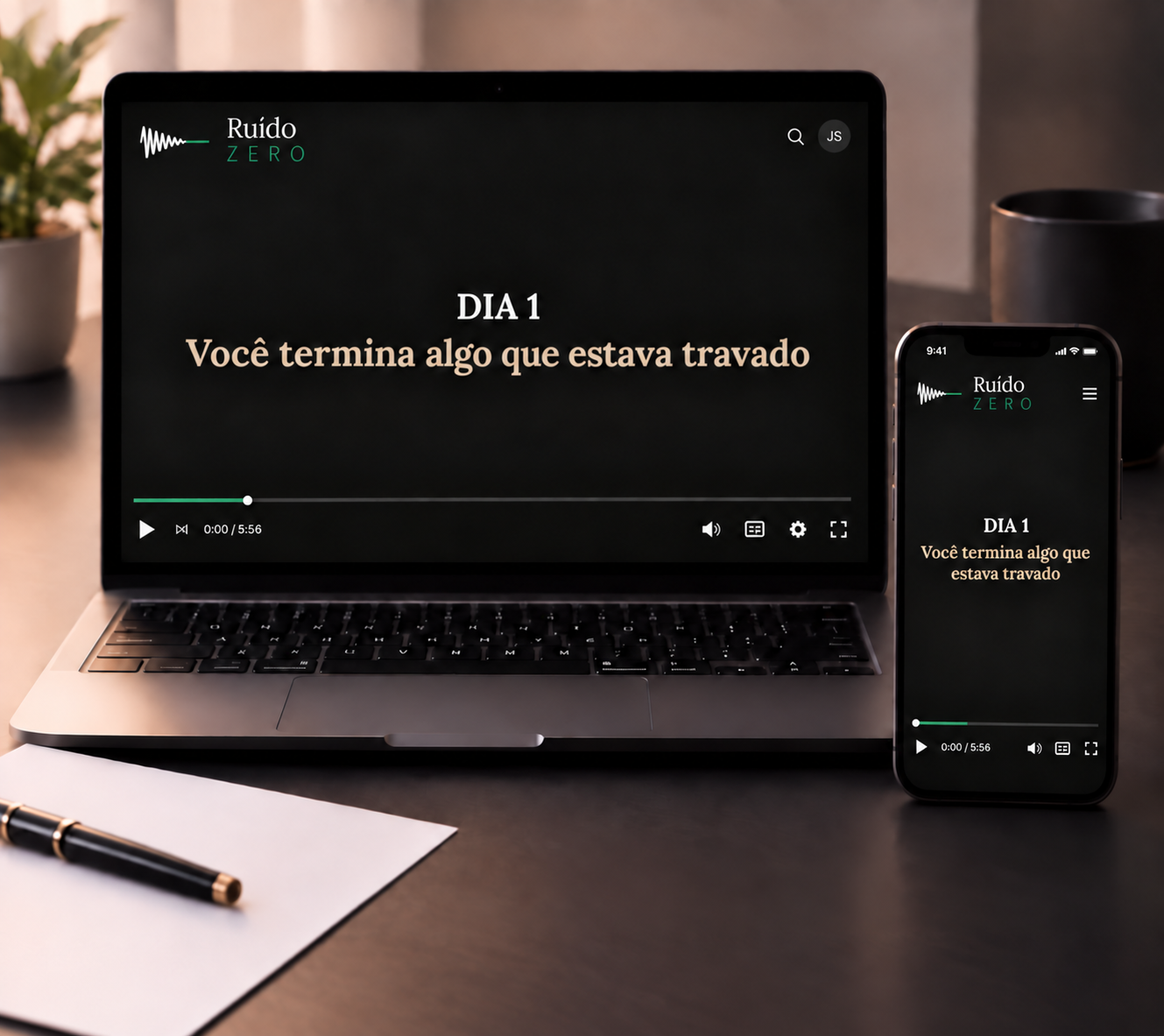 Tela da aula do Dia 1 do Protocolo Ruído Zero, acessada pelo computador e pelo celular
